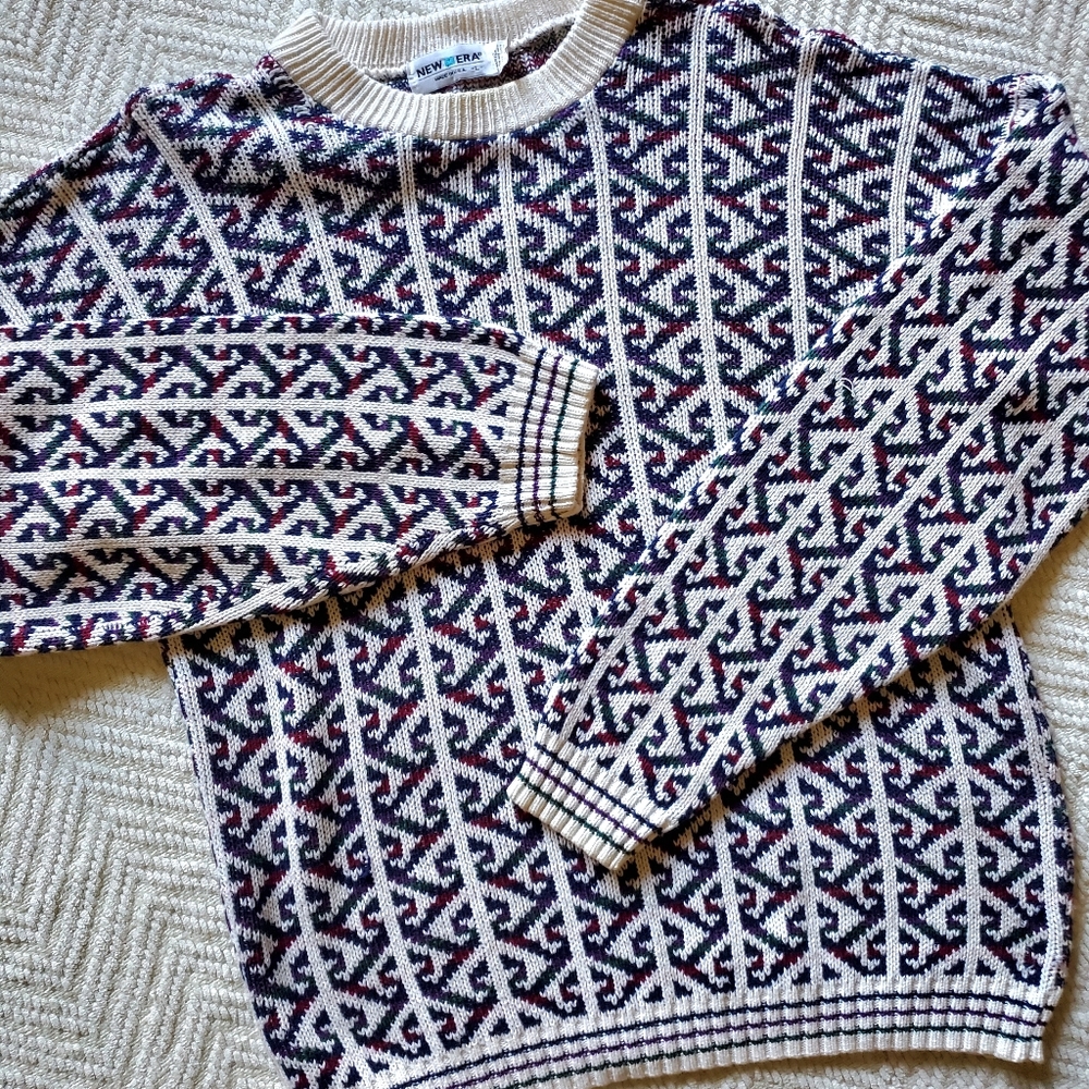 Vintage Chunky Pullover Knit Sweater Multicolor White